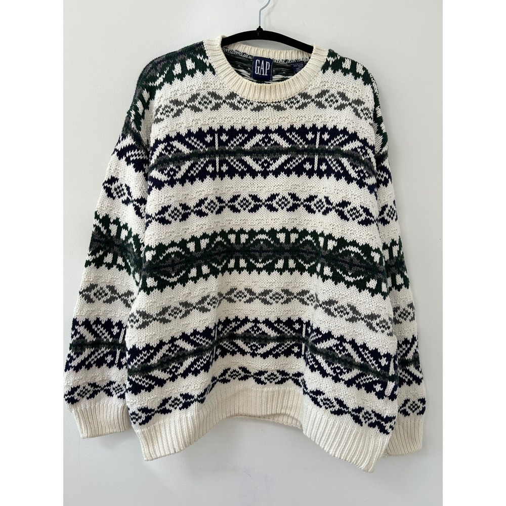 Vintage 90's Gap Fair Isle Knit Sweater Mens Large Cream Navy Gorpcore Chunky